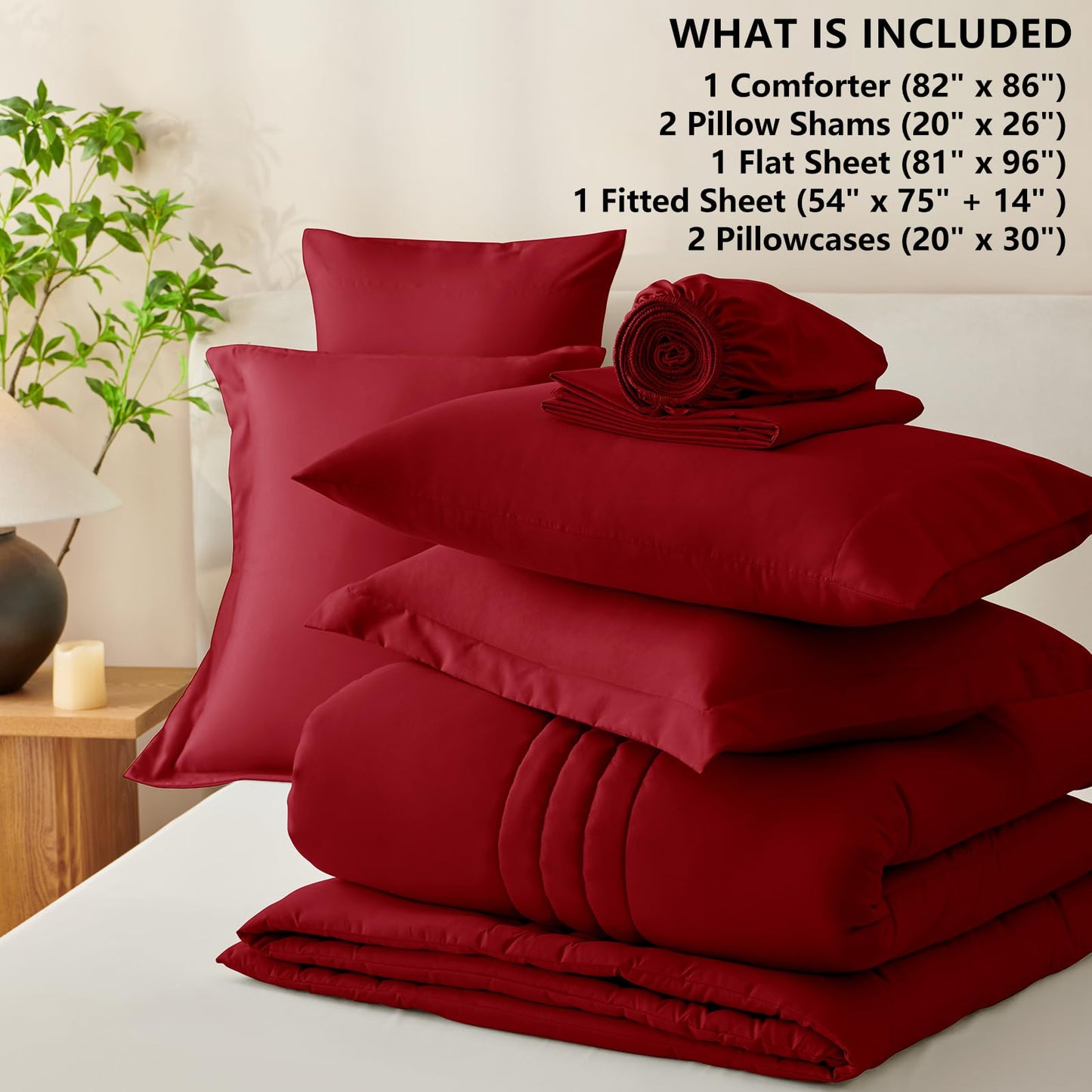 CozyLux Full Size Comforter Sets Dark Red - 7 Pieces Bed in a Bag, Modern Vertical Quilted Room Decor, Soft All-Season Bedding Gift with Comforter, Sheets, Pillowcases & Shams