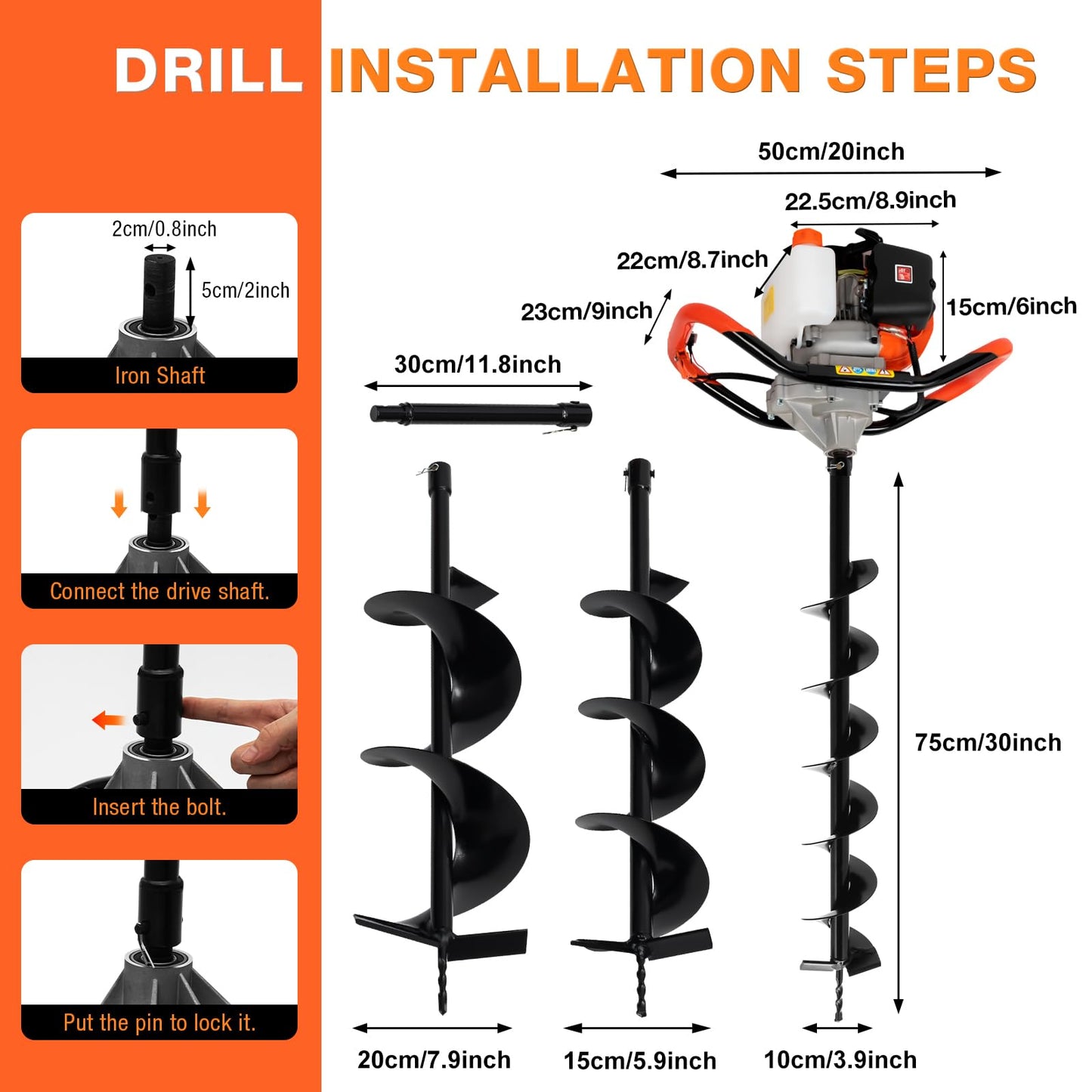 52cc 1700W Auger Post Hole Digger Gas Powered with 3 Drill Bits 4" 6" 8" & Extension Rod Kit for Farmland, Garden and Plant