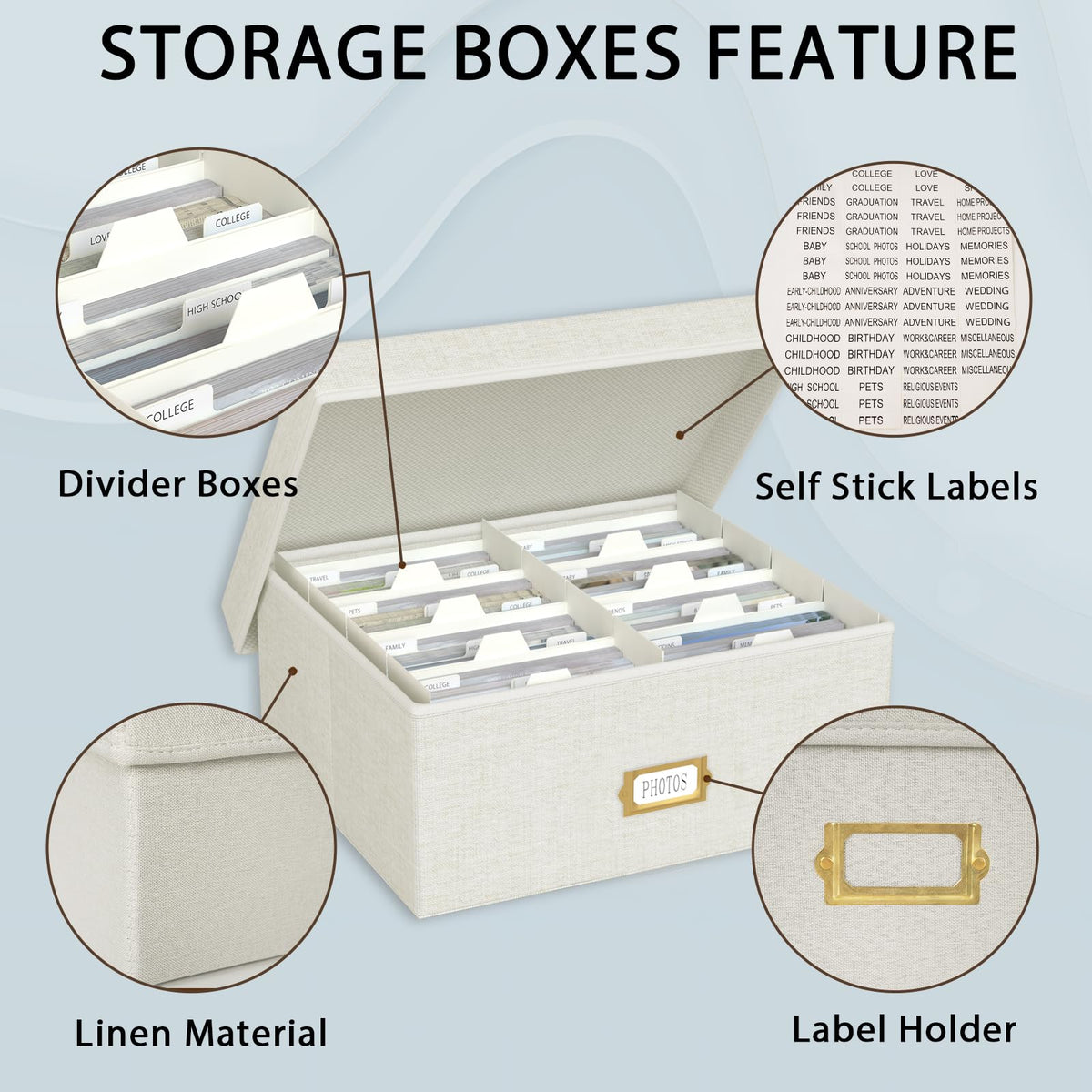 Decorative Photo Storage Box - Linen Photo Box Organizer with Dividers, Fits Holds Up to 1700 Pictures and 4x6 Photos, Memory Keepsake Organizer for Photos, Scrapbook Supplies, Cards, Stamps (Beige)