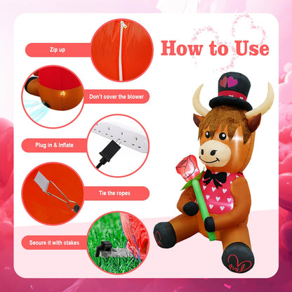 inslife 5FT Tall Valentine's Day Inflatable Highland Cow Holding a Rose, Blow Up Valentine's Day Outdoor Decoration Built-in 3 Led Lights for Wedding Propose Indoor Yard Party Supplies