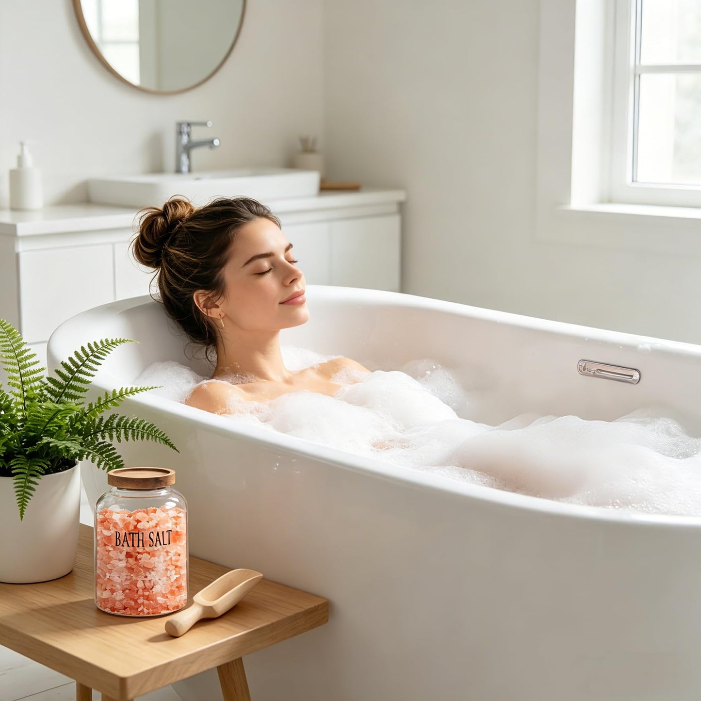 Klmnop 74 oz Glass Bath Salts Jar with Wooden Scoop, Bath Salt Container with Lid, Bathroom Organizers and Bath Decor(Clear)