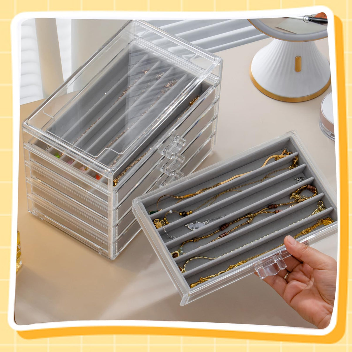Necklace Organizer Box with 5 Drawers 30 Compartments, Dustproof Velvet Necklace Display Tray, Acrylic Necklaces Display Case, Pendant Chains Necklace Storage Tray Gift for Women and Girls (Grey)