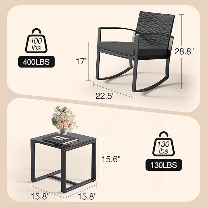 3 Pieces Patio Furniture Set Rocking Bistro Set, Outdoor Patio Furniture Set with Coffee Table for Garden Balcony Backyard Poolside (Black Cushion)