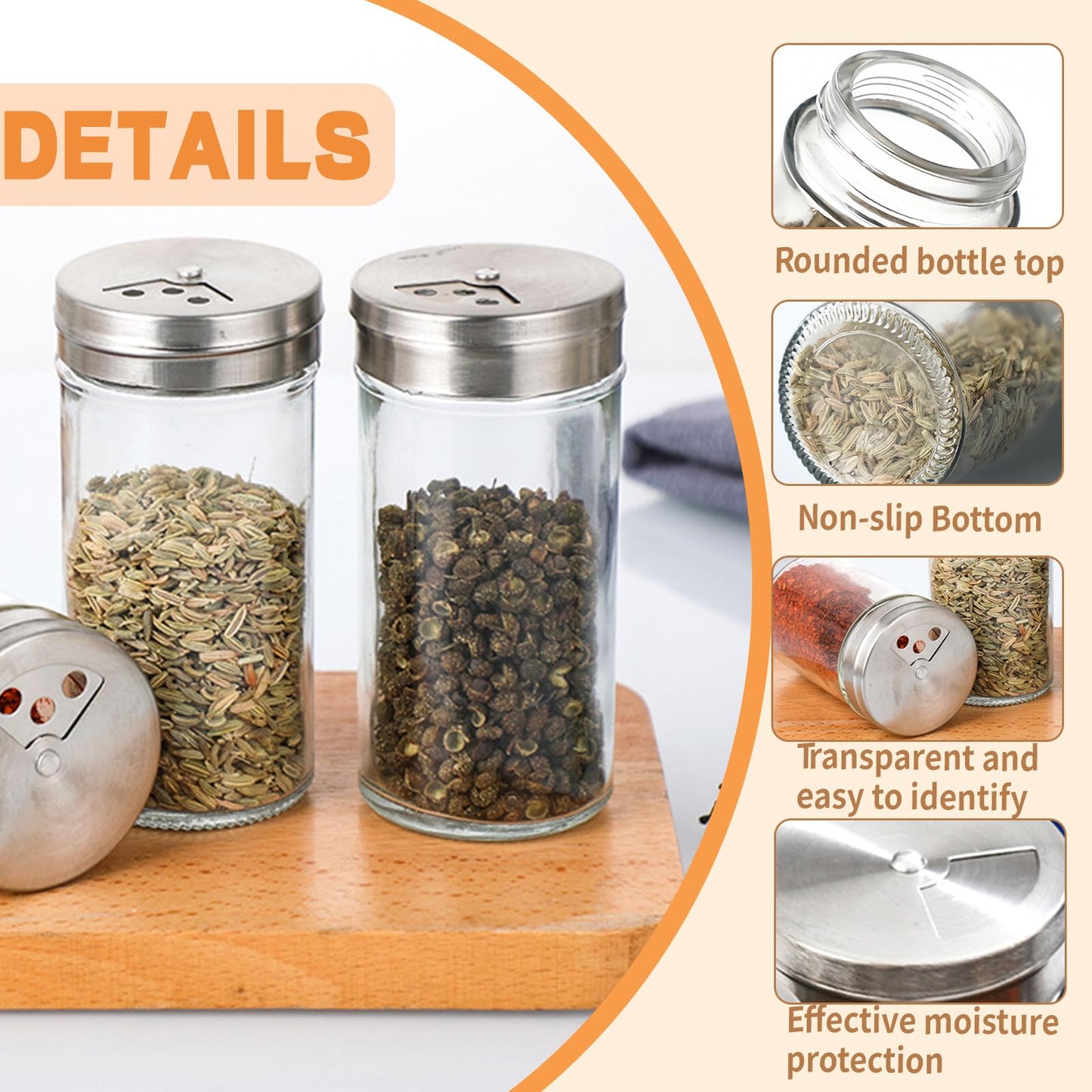 Realand 4pcs Salt and Pepper Shakers Set with Adjustable Pour Holes, Salt Shakers Glass with Stainless Steel Lids, White Black Salt Shaker Spice Shaker Dispenser for Seasoning