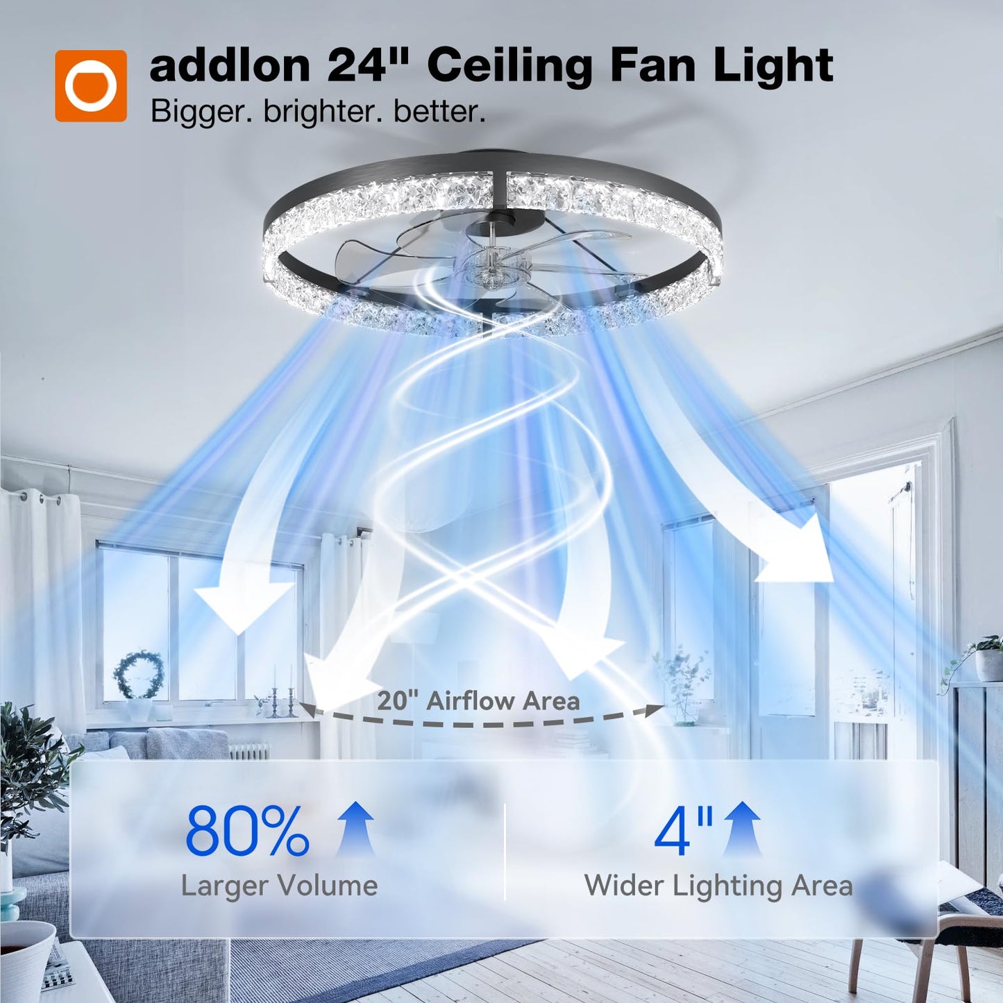addlon Ceiling Fans with Lights and Remote, 24'' Low Profile Flush Mount Ceiling Fan, 3000–6000K Dimmable LED Fandelier, Bladeless Crystal Fan Light for Bedroom, Kitchen, Living Room, Black