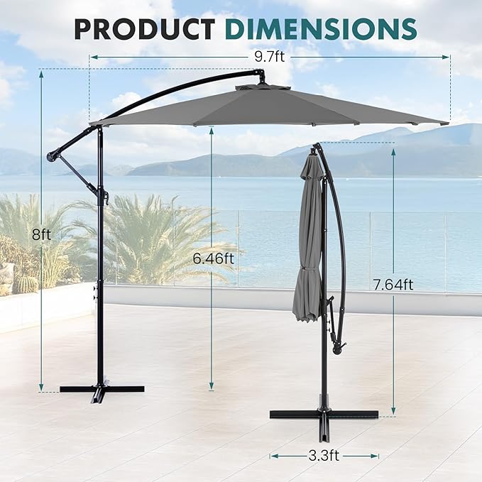 OLIXIS Offset Patio Umbrella, 9.7FT Cantilever Table Umbrellas for Outdoor Sun Shade UV Protection with Easy Tilt Adjustment, 8 Ribs for Backyard, Lawn, Garden, Pool - Grey