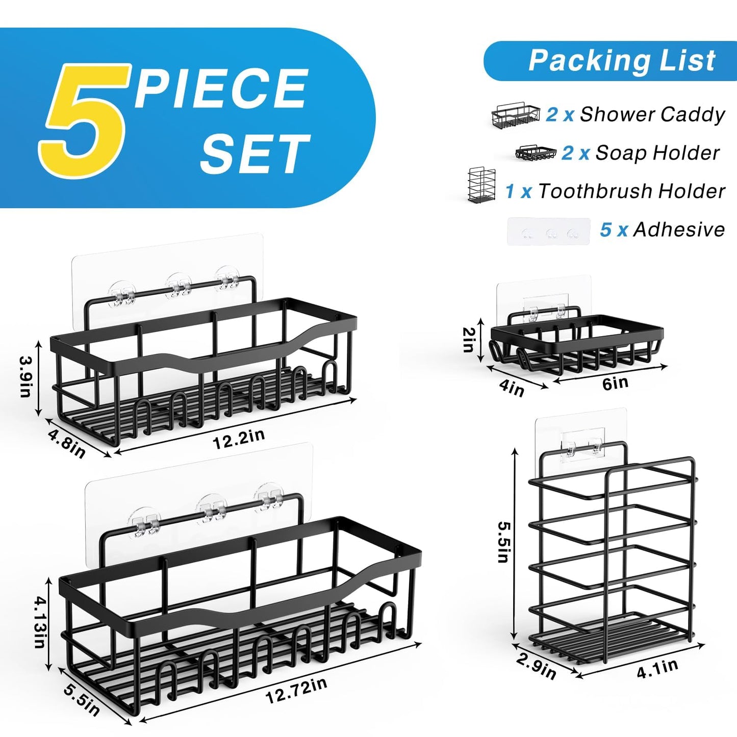 EUDELE Adhesive Shower Caddy, 5 Pack Rustproof Stainless Steel Bath Organizers With Large Capacity, No Drilling Shelves for Bathroom Storage & Home Decor-XL Size