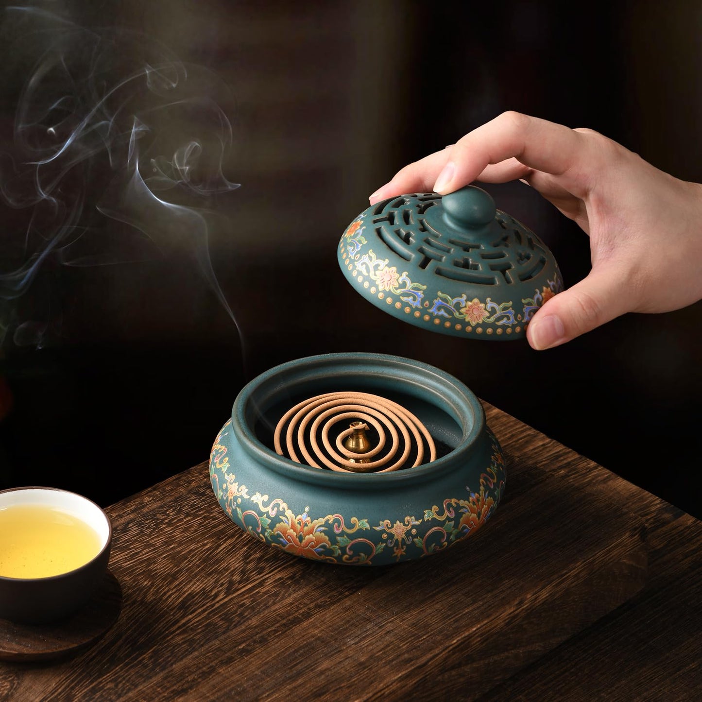 plainele Ceramic Incense Burner with Incense Holder+ Fireproof Cotton,Handmade Smudging Burn Bowl for Stick or Coil Incense,Sage Cones,Frankincense and Mosquito Incense (Enamel)