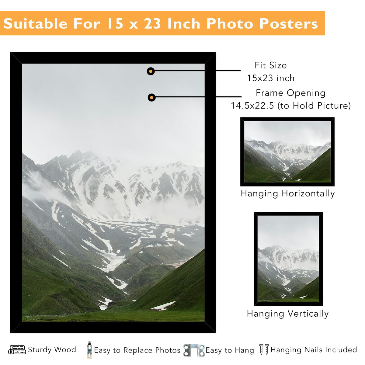 QOTIB 15x23 Picture Frame Black for Wall Mounting, Horizontal and Vertical Formats for Wall Hanging, Wood 15x23 Frame, Black, 1 Pack