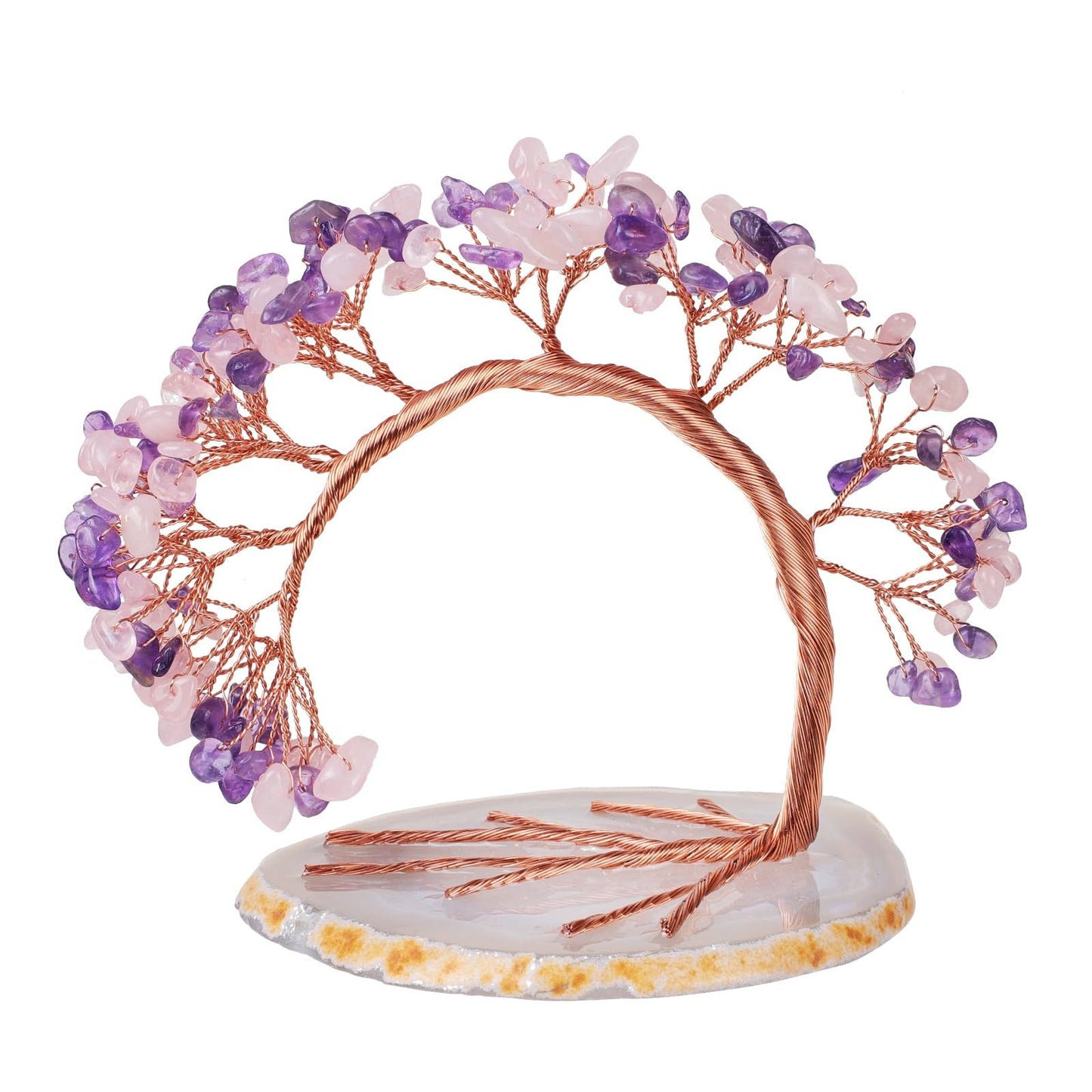 dssmboom Handmade Amethyst & Rose Quartz Crystal Tree on Agate Slice Base, Feng Shui Stone Money Tree Bonsai for Home Office Decoration, 4.5"-5.2"