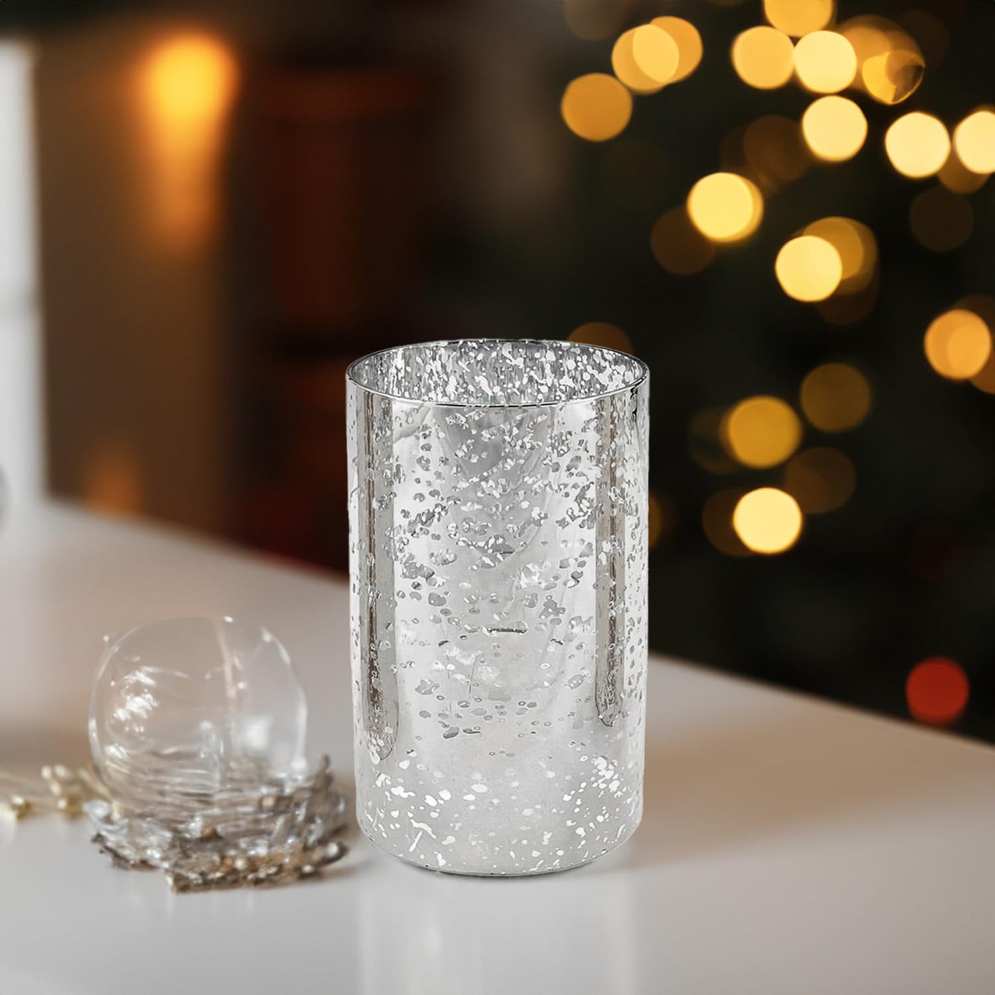 WGVI Hurricane Candle Holder Sleeve, W: 4", Ht: 6", Silver Speckled Glass Cylinder Open Both Ends, Chimney Tube Shade, 1 Piece