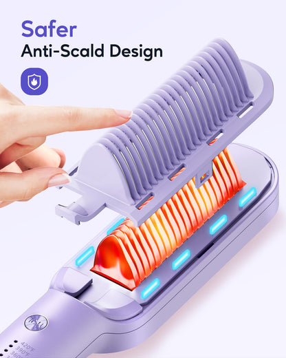 Wavytalk Hair Straightener Brush, Sleek Sweep Ionic Straightening Brush with 6 Temperature Adjust, Anti-Scald Ceramic Straightening Comb Fast Heating for Home Salon, Dual Voltage, Purple.