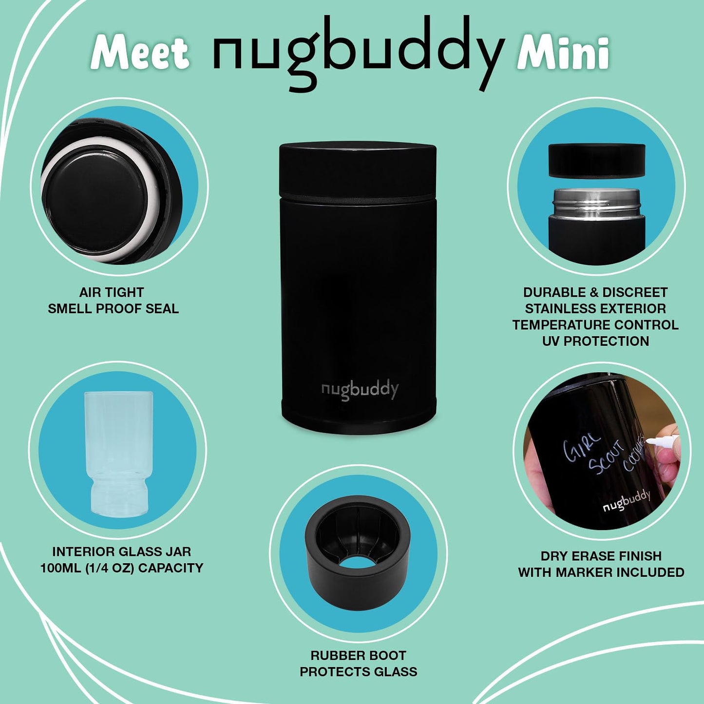 nugbuddy Mini Airtight Storage Container - Vacuum Sealed Insulated w Nested Glass Jar - UV Protection, Temperature Controlled Stainless - Whiteboard Finish w Marker Included - 100 ml