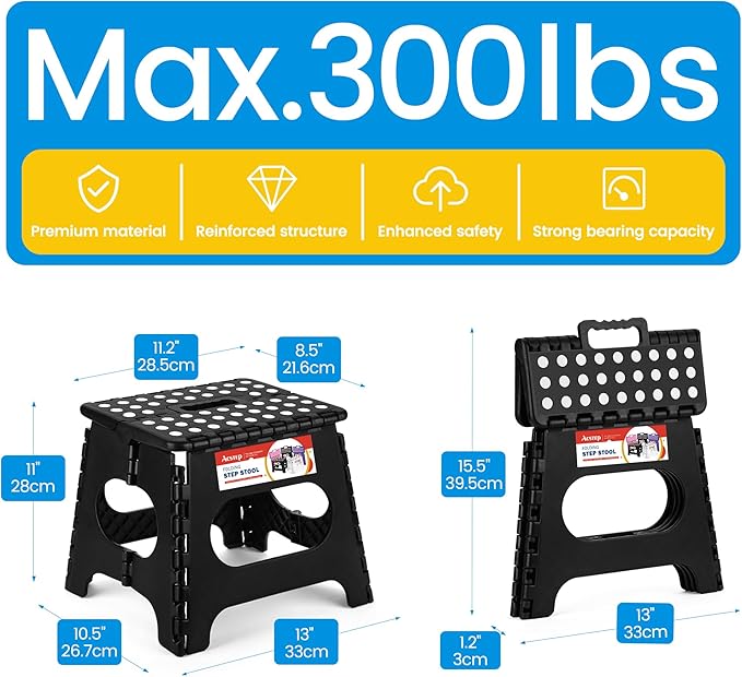 ACSTEP Folding Step Stool 11 Inch, Sturdy Plastic Foldable Step Stool for Kids & Adults, Non Slip Lightweight Collapsible Foot Stools Holds 300 lbs, Ideal for Kitchen, Bathroom, Bedroom, Outdoor