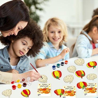 24 Sets Thanksgiving Fall Pumpkin Party Favors Pumpkin Wooden Painting Craft Kits Autumn Party Decors Thank You for Coming Gifts for Kids Happy Fall Y’all Cards - Birthday Crafts Bulk Harvest Supplies