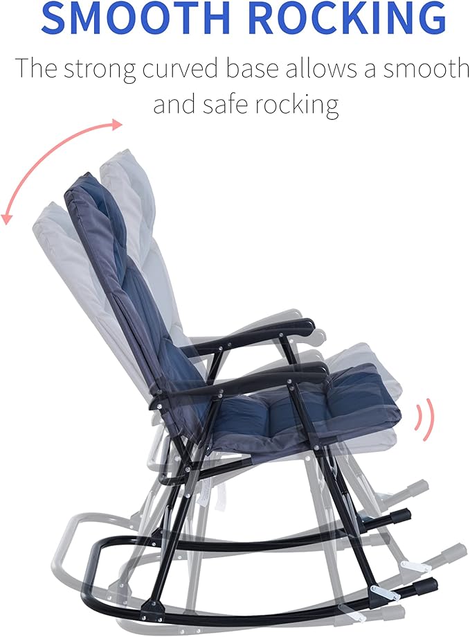 Outsunny Oversized Folding Rocking Camping Chair Set of 2, Padded Outdoor Rockers with High Back and Armrests, Portable Outdoor Patio Chairs with Steel Frame for Garden, Porch, Lawn, Navy Blue