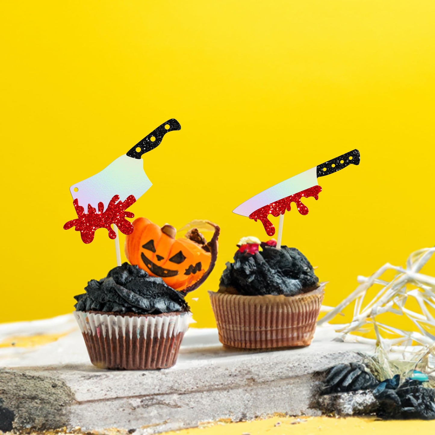 Gyufise 24Pcs Halloween Cupcake Toppers Glitter Horror Blood Knife Cupcake Picks Killer Birthday Cake Decorations for Halloween Blood Knife Theme Birthday Party Supplies