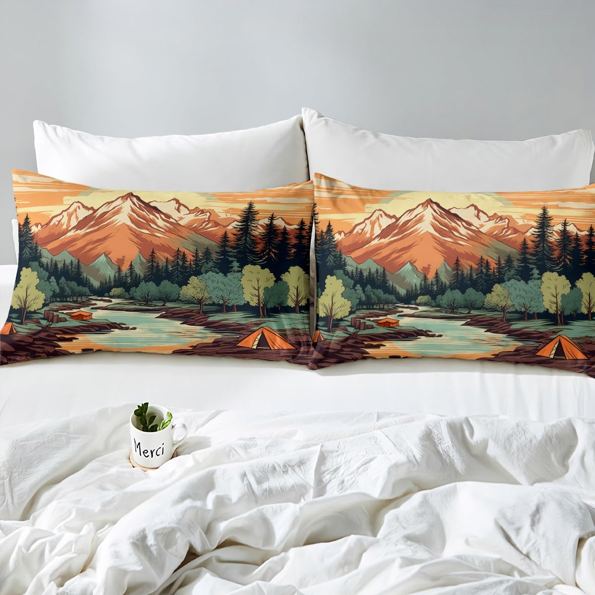 Mountain River Duvet Cover Set Full Size,Retro Adventure Theme Comforter Cover 3Pcs,Nature Scenery Tent Bedding Set Kids Boys Girls Room Decor,Camping Bedspreads Cover,2 Pillowcases(NO Comforter)