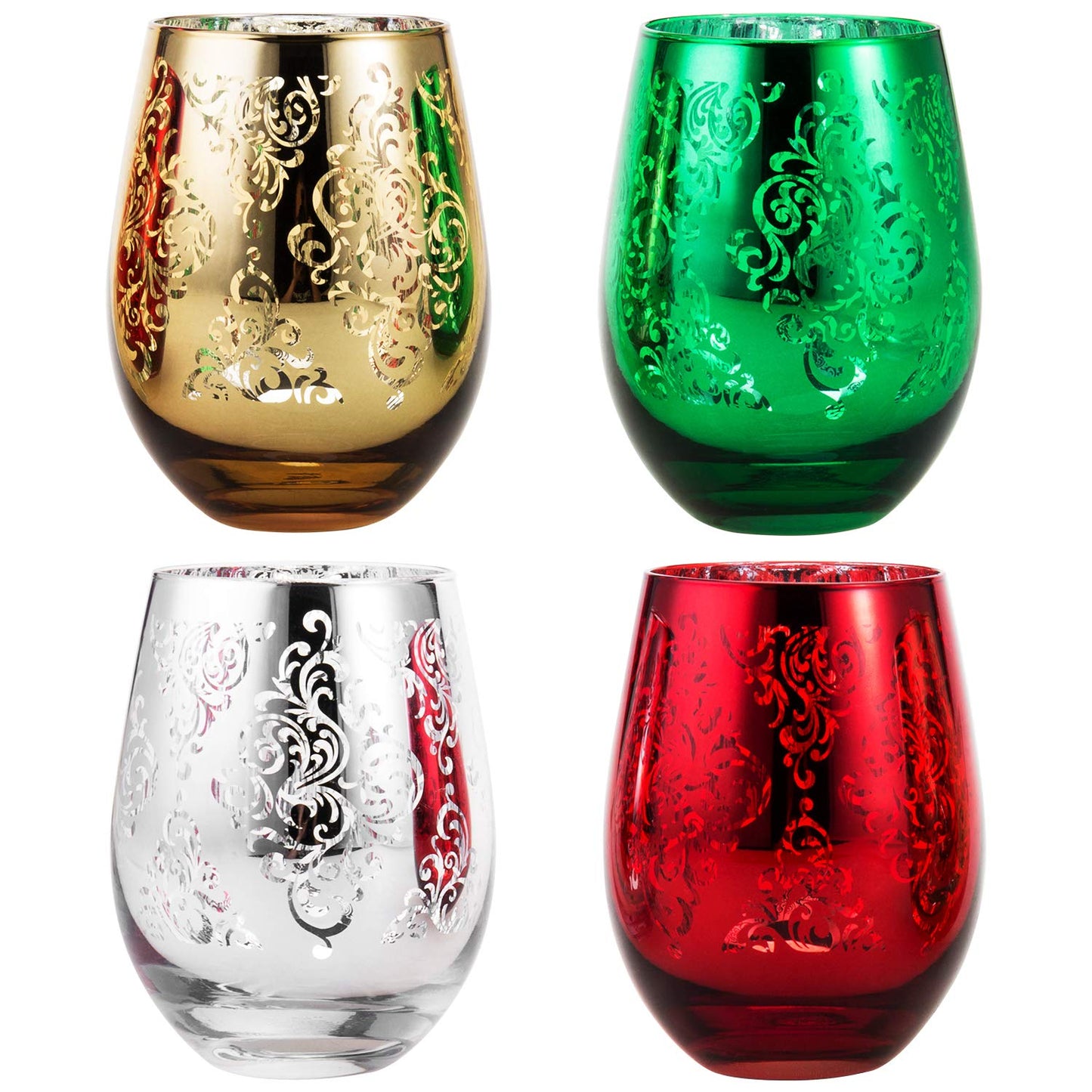 MyGift 4 Piece Stemless Glassware Set, Multicolor Wine Glasses with Etched Baroque Pattern in Mirror Plated Gold Silver Red Green Colors, 16 oz Capacity
