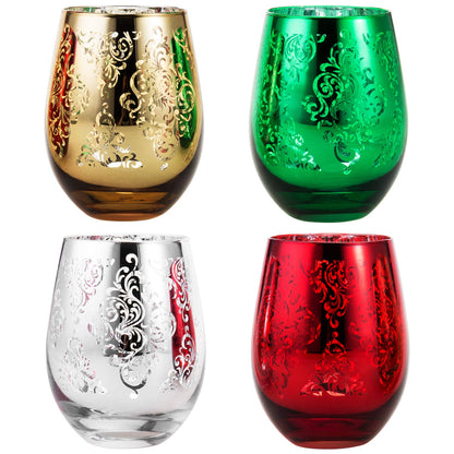 MyGift 4 Piece Stemless Glassware Set, Multicolor Wine Glasses with Etched Baroque Pattern in Mirror Plated Gold Silver Red Green Colors, 16 oz Capacity