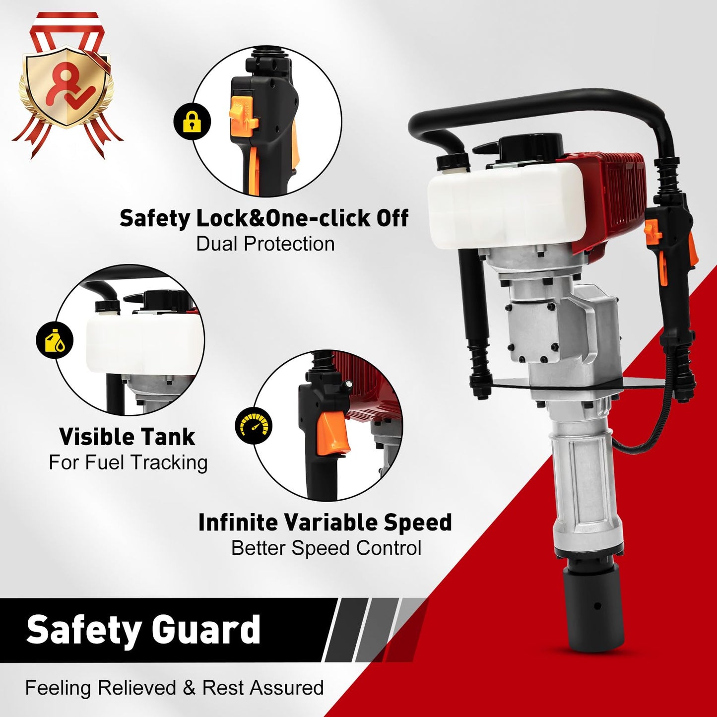 AKSDSGA 52CC Petrol Post Driver 2 Stroke Gas Powered T-Post Driver Hammer Drills with 2 Post Driving Heads, Air Cooling Single Cylinder Gasoline Petrol Garden Fencing Tool Machine
