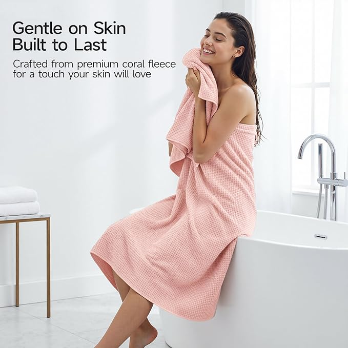REDKISS Soft Bath Towels Set of 4-35 x 70 in Extra Large Coral Fleece Bath Towel