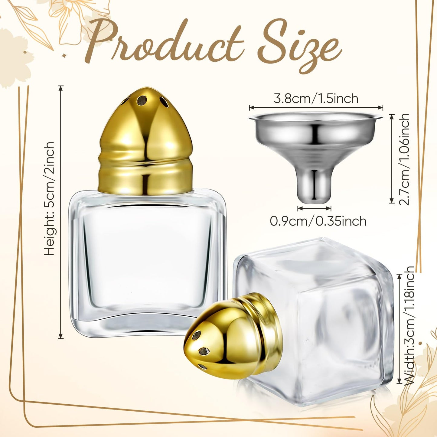 Uiifan 12 Pcs 0.5 oz Cube Shape Small Salt and Pepper Shakers with Tone Tops Clear Mini Glass Seasoning Jars Spice Salt Shakers with Funnel for Wedding Party Restaurant Home Kitchen (Gold)