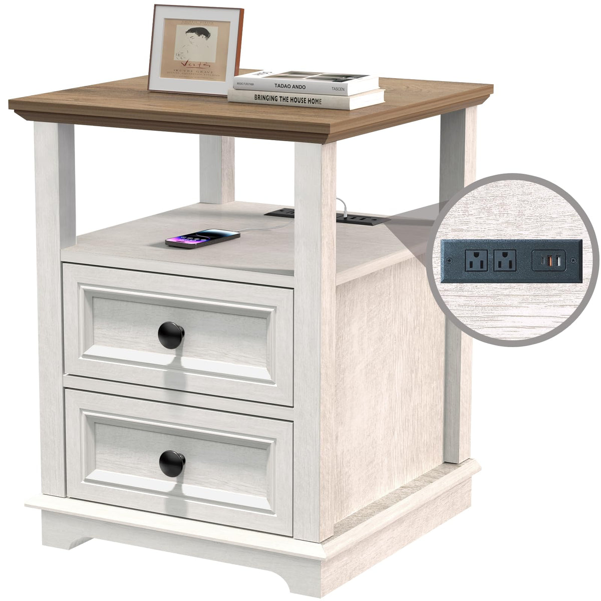 REDAYFUR End Table with Fast USB C Charging Station, 18" Wide Tall Sofa Side Table with 2 Drawers, Large Storage Rustic Wood Square Storage Cabinet for Living Room,Bedroom,Office, White