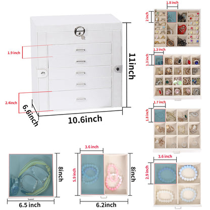BOOVO Jewelry Box For women, 6 Layer Large Jewelry Organizer With Mirror, Multi-Function Storage Box With Lock, Accessory Holder With 5 Drawers, For Earrings Necklace Ring Bracelet (White)