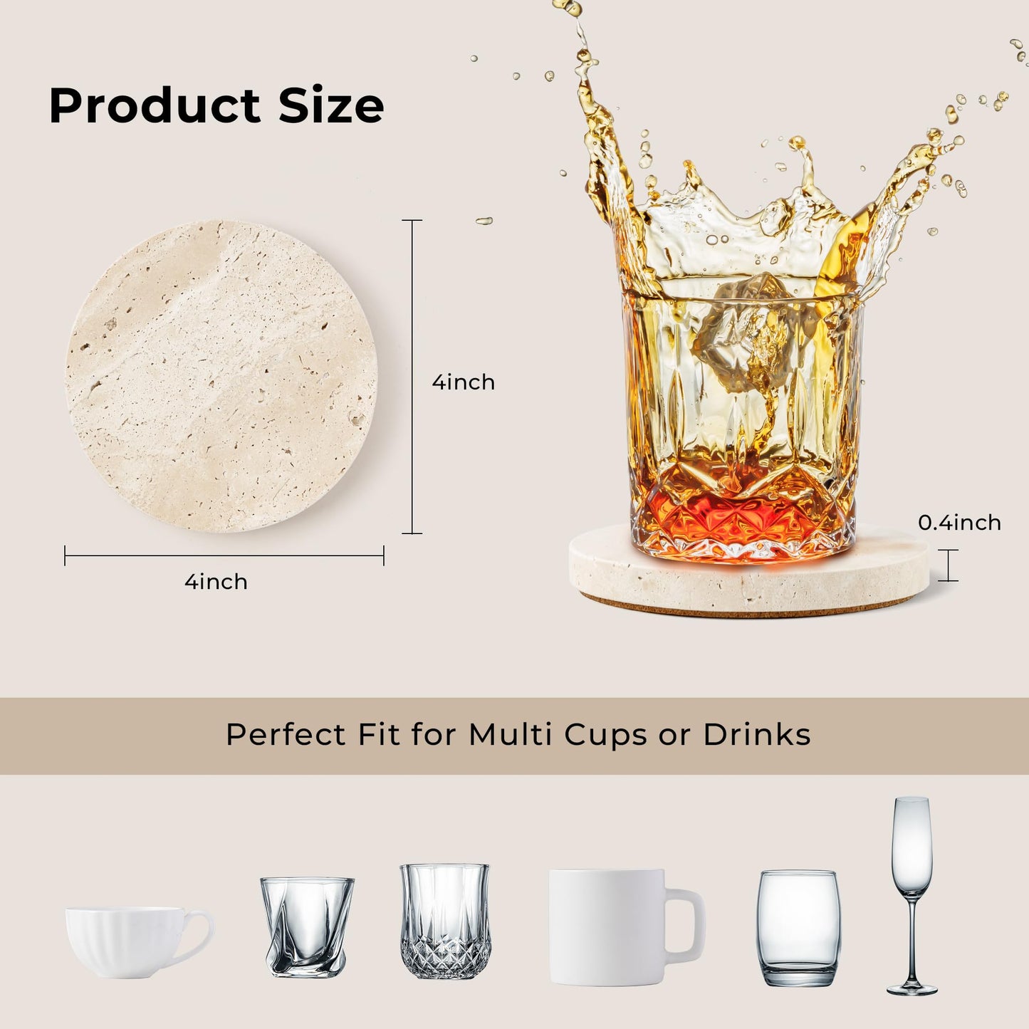 WORHE Natural Travertine Marble Coasters Set of 4-4" Round Stone Drink Coasters, Non-Slip Cork Backing, Housewarming Gift, Wedding, Protect Tables from Stains & Scratches (BD140)