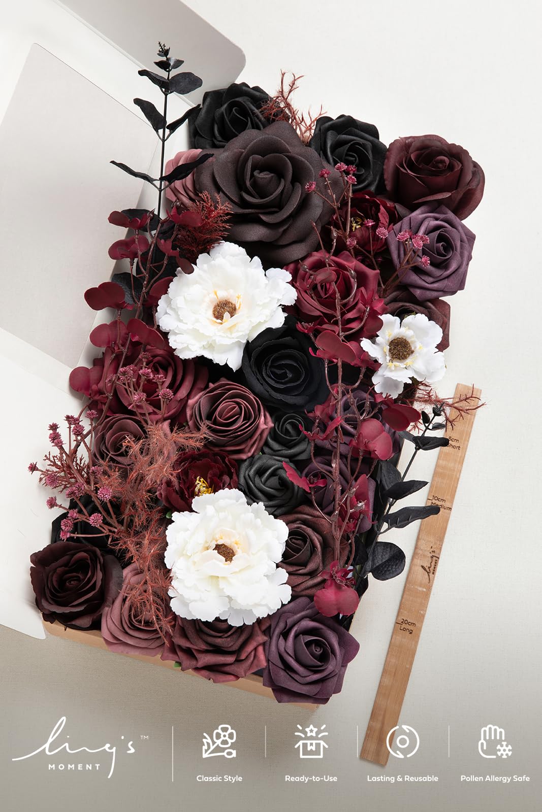 Ling's Moment Moody Burgundy & Black Artificial Flowers and Greenery Deluxe Combo Box Set, Goth Fake Flower for DIY Wedding Bridal Bouquet, Centerpieces Decor, Floral Arrangement Decor, etc.
