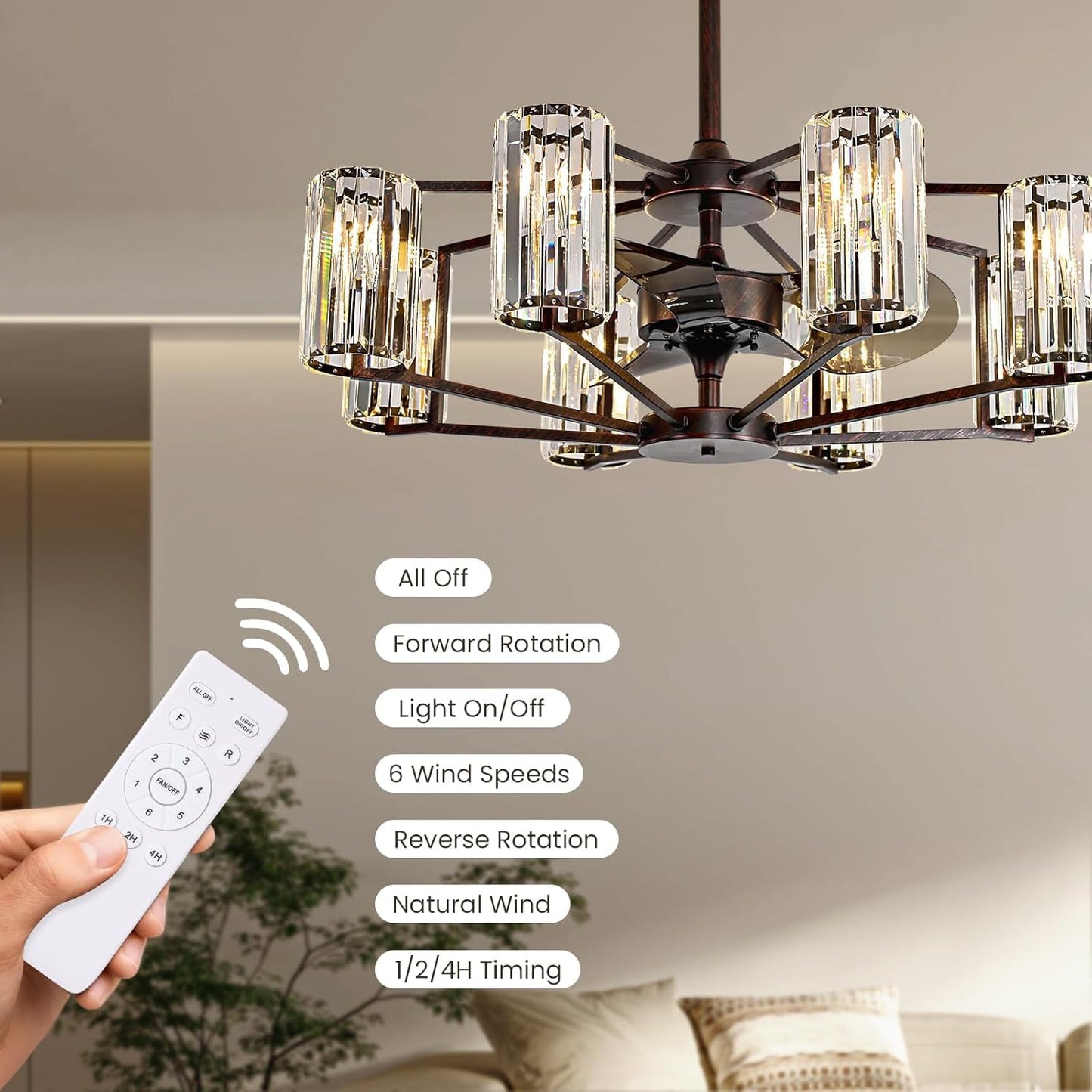 MOOONICHE 34" Crystal Chandelier Ceiling Fan 8 Lights Vintage Flush Mounted Fandelier Reddish Brown Invisible Blades Ceiling Fan for Bedroom Dining Room Living Room Kitchen Farmhouse Entry
