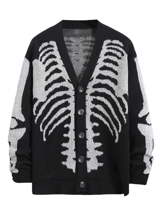 SHENHE Men's Skeleton Pattern Cardigan Sweaters Long Sleeve Unisex Outwear Knitted Coats Black XL