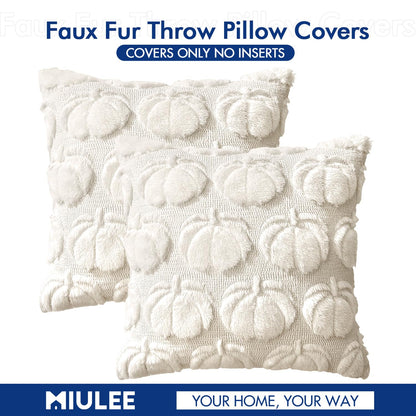 MIULEE Fall Throw Pillow Covers 18x18 Set of 2 Autumn Decorations Beige Pumpkin Accent Pillowcase for Sofa Couch Porch Bed Living Room Soft Plush Faux Fur Halloween Farmhouse Home Decor