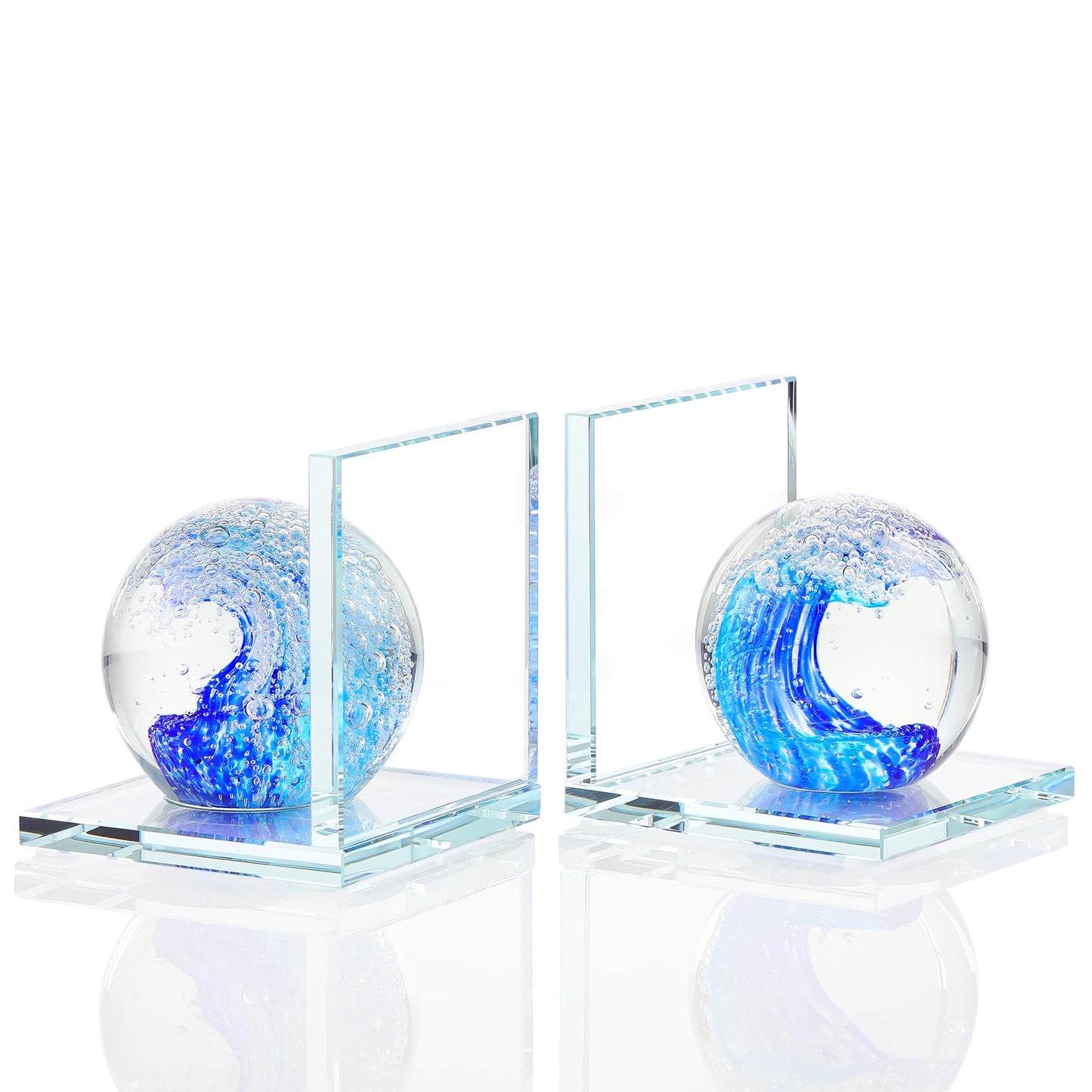 Arikyrist 1 Pair Crystal Bookends for Heavy Books with Hand Blown Ocean Waves Ball Glass Decorative Non Skid Bookends for Bookshelf Office Home (Blue)