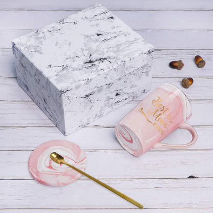 YHRJWN Best Dad and Mom Marble Ever Coffee Mug Set - with Gift Box Coaster Spoon for Christmas Birthday Parent Gift from Daughter Son 14 Oz Each