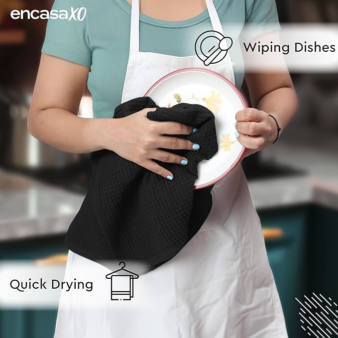 Encasa XO Kitchen Dish Towels Set | Black | Waffle Weave and Flat Hand Tea