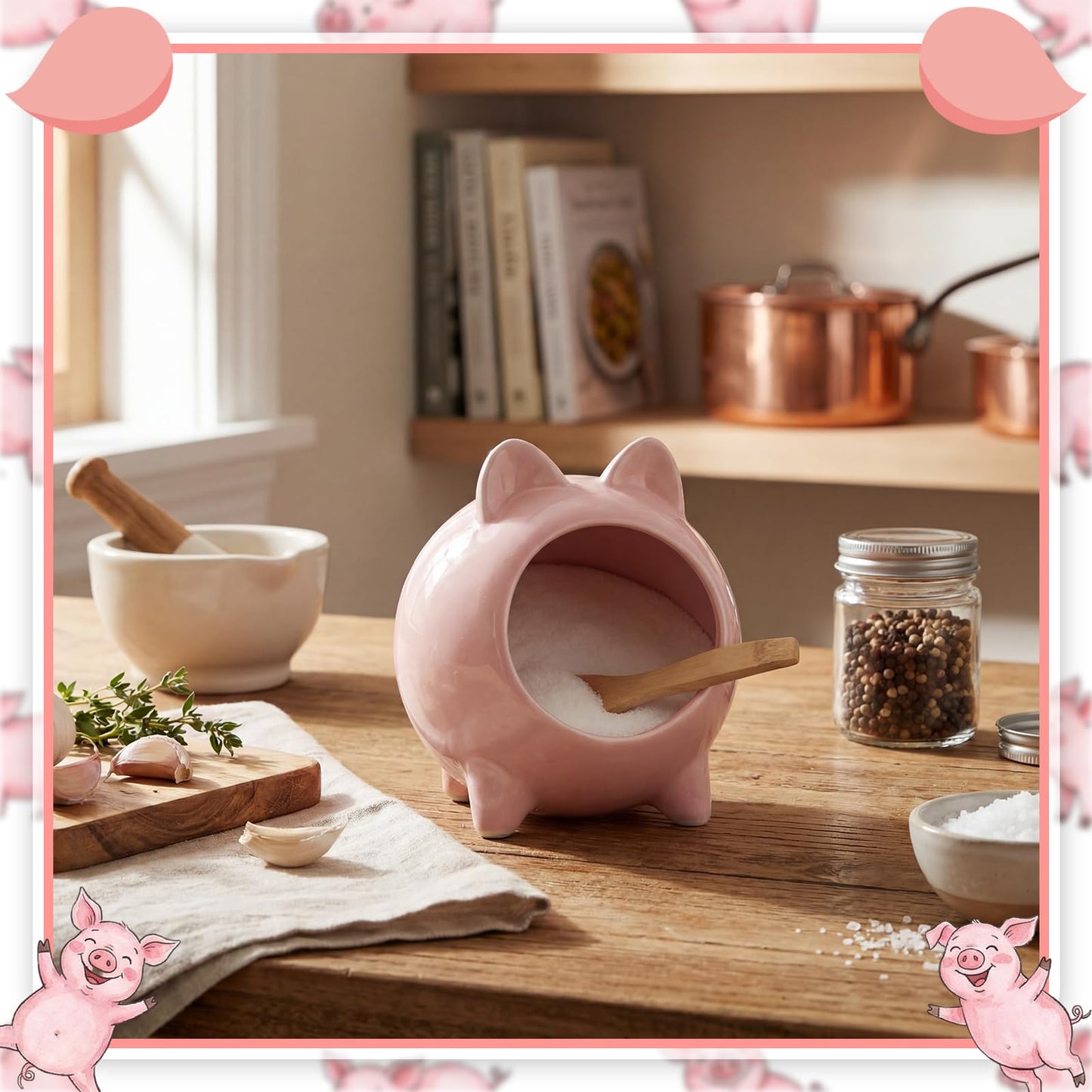 Sliner Ceramic Salt Pig with Wooden Spoon Pink Cute Pig Shaped Salt Cellar Holder Countertop Storage Container for Kitchen Counter Dishwasher Safe