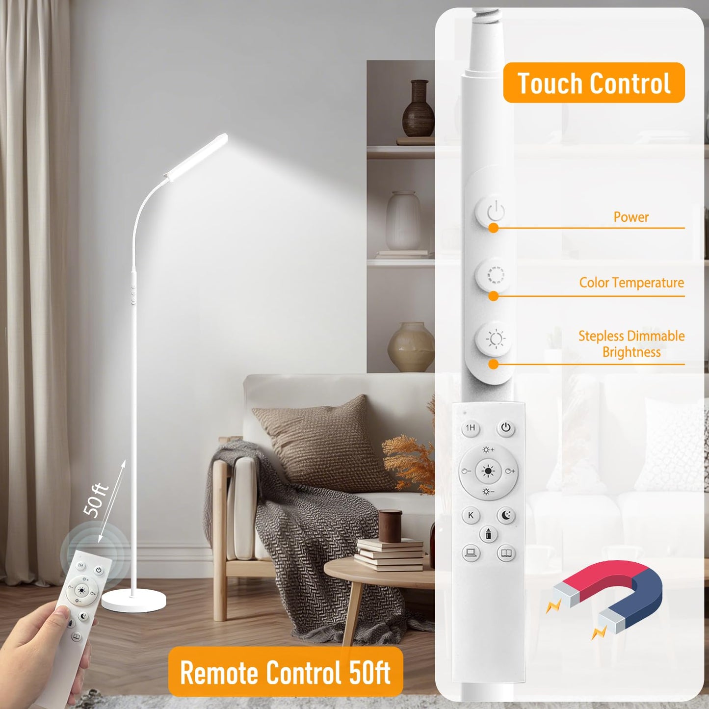 marctronic White Floor Lamp, 18W 1800LM Bright LED Floor Lamps for Living Room Bedroom, Dimmable Timing Eye Caring Reading Standing Lamp with Remote & Works with Smart Plug