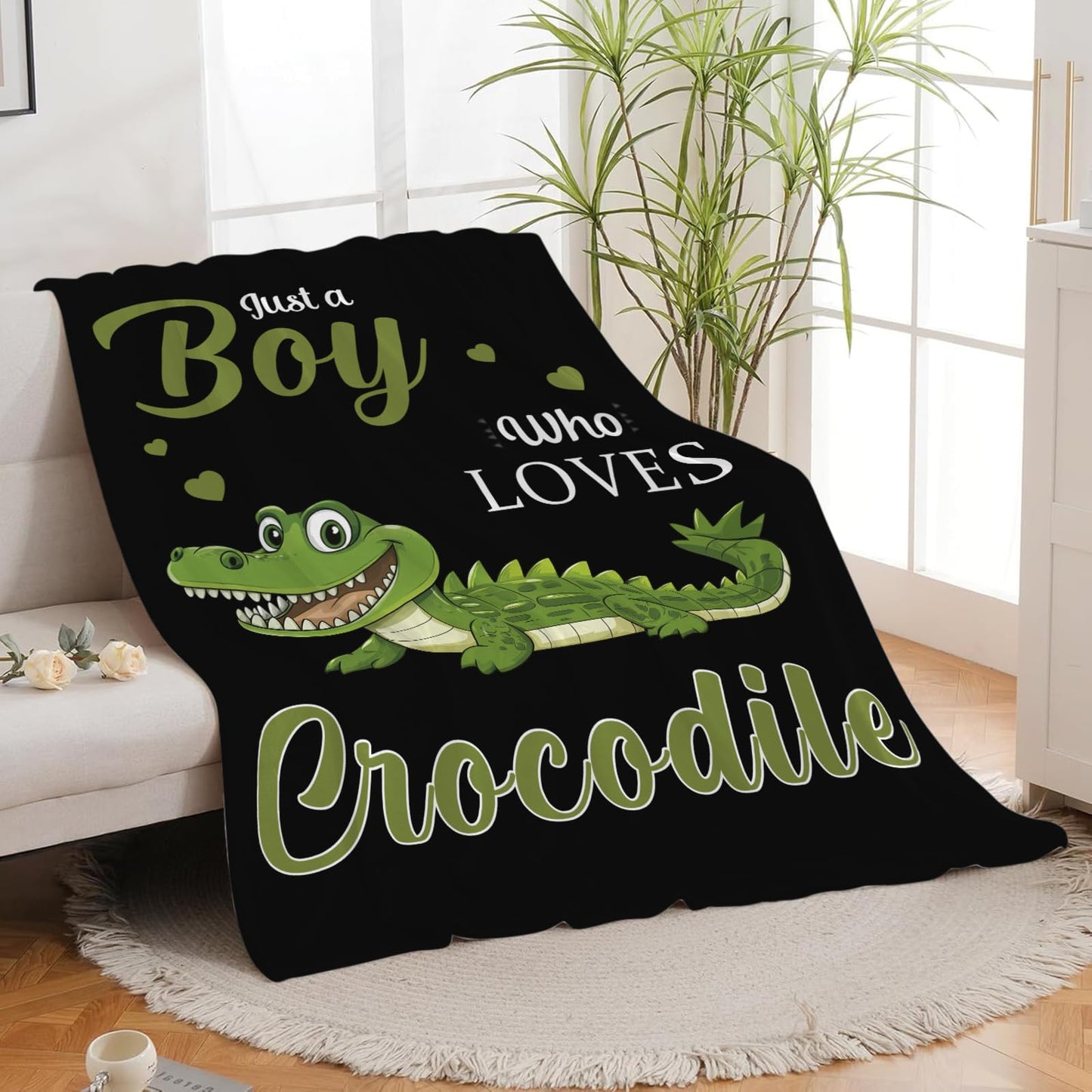 Lovira Just A Boy Who Loves Crocodile Throw Blanket Alligator Print Throw Blankets Gifts for Couch Sofa Bed Stuff Decor Soft Cozy Fleece Plush Warm Flannel Bedding for Lover 40"x50"