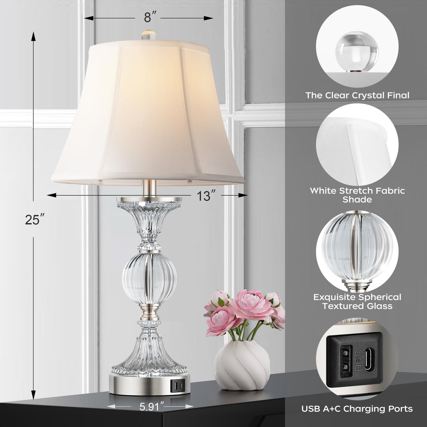 QiMH Glass Table Lamps for Living Room, Modern Table Lamp for Bedroom, Bedside Lamps Set of 2 with USB A+C Ports, 3-Way Dimmable Touch Lamp with Bulbs, Nightstand Lamp for Home Office Reading, Silver