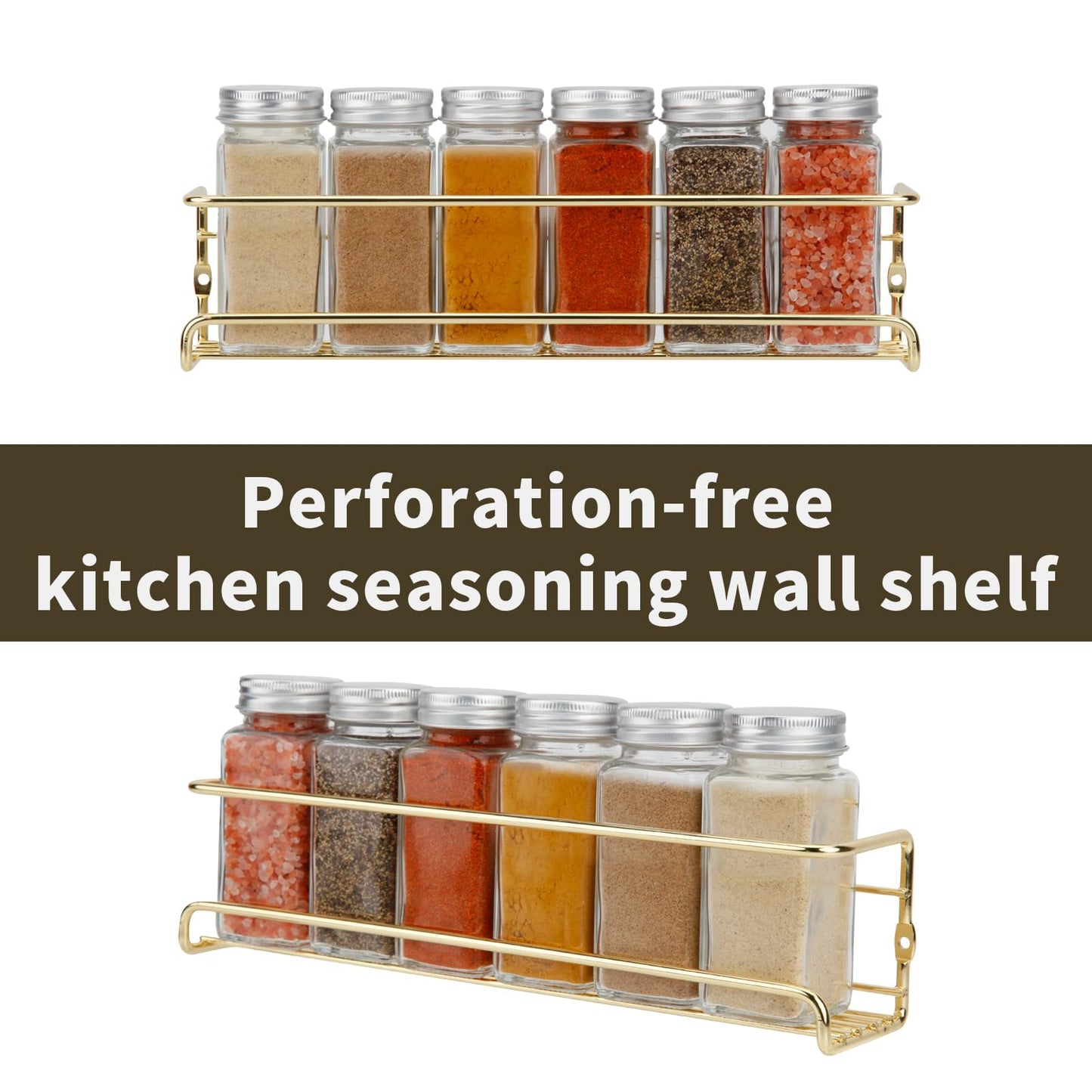 blueden 2 Pack Self Adhesive Wall Mounted Fridge Refrigerator Spice Racks,Metal Kitchen Seasoning Jar Organizer for Space Saver,Hanging Spice Organizer Shelf for Kitchen Cabinet,Wall,Pantry Door.Gold