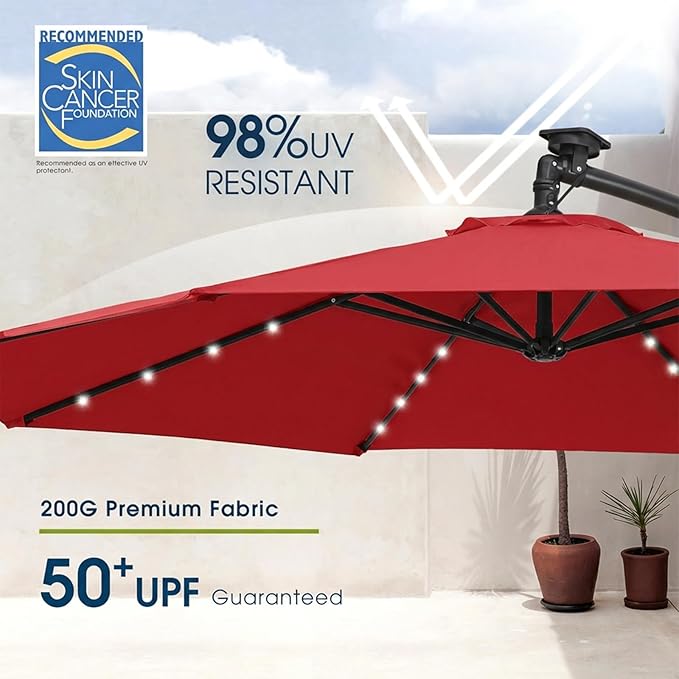 wikiwiki 10ft Solar LED Patio Umbrella with Base Included, Offset Umbrella with Weighted Sandbag Base, Cantilever Patio Umbrellas for Backyard, Garden & Deck, 32 LED Lights & Polyester Shade, Red