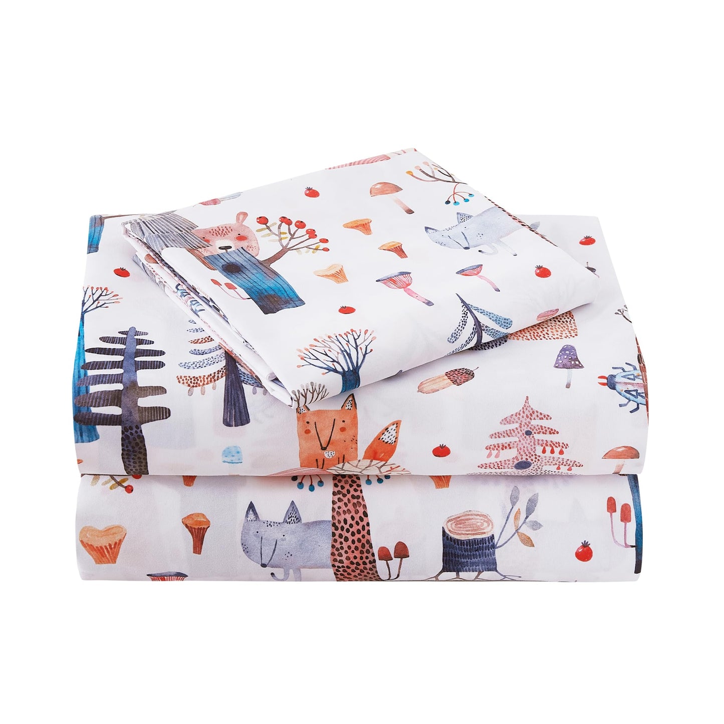 Softan Kids Bed Sheet Set, 3-Piece Twin Sheets Set, Microfiber Fitted Sheet with 15 Inches Deep Pocket and Corner Straps, Breathable & Silky Soft Watercolor Fox Bear Pattern Sheet and Pillowcase Sets