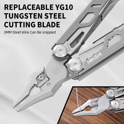 HANSHI Multitool Pliers, 22-in-1 YG10 Tungsten Steel Multi Tool with Scissors,Replaceable Wire Cutters, Flint, Window Breaker, Back Clip,Ideal for Camping, Survival and Gift(Silver)