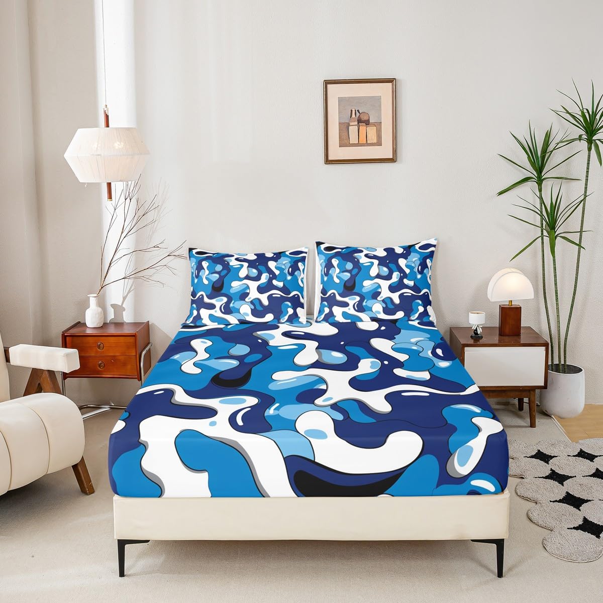 jejeloiu Camo Fitted Sheet with 1 Pillowcase Twin Size Military Style Bed Sheets Set 16" Deep Pocket Boys Girls Blue Bedding Camouflage Teens Bedroom Decor Breathable Lightweight Microfiber