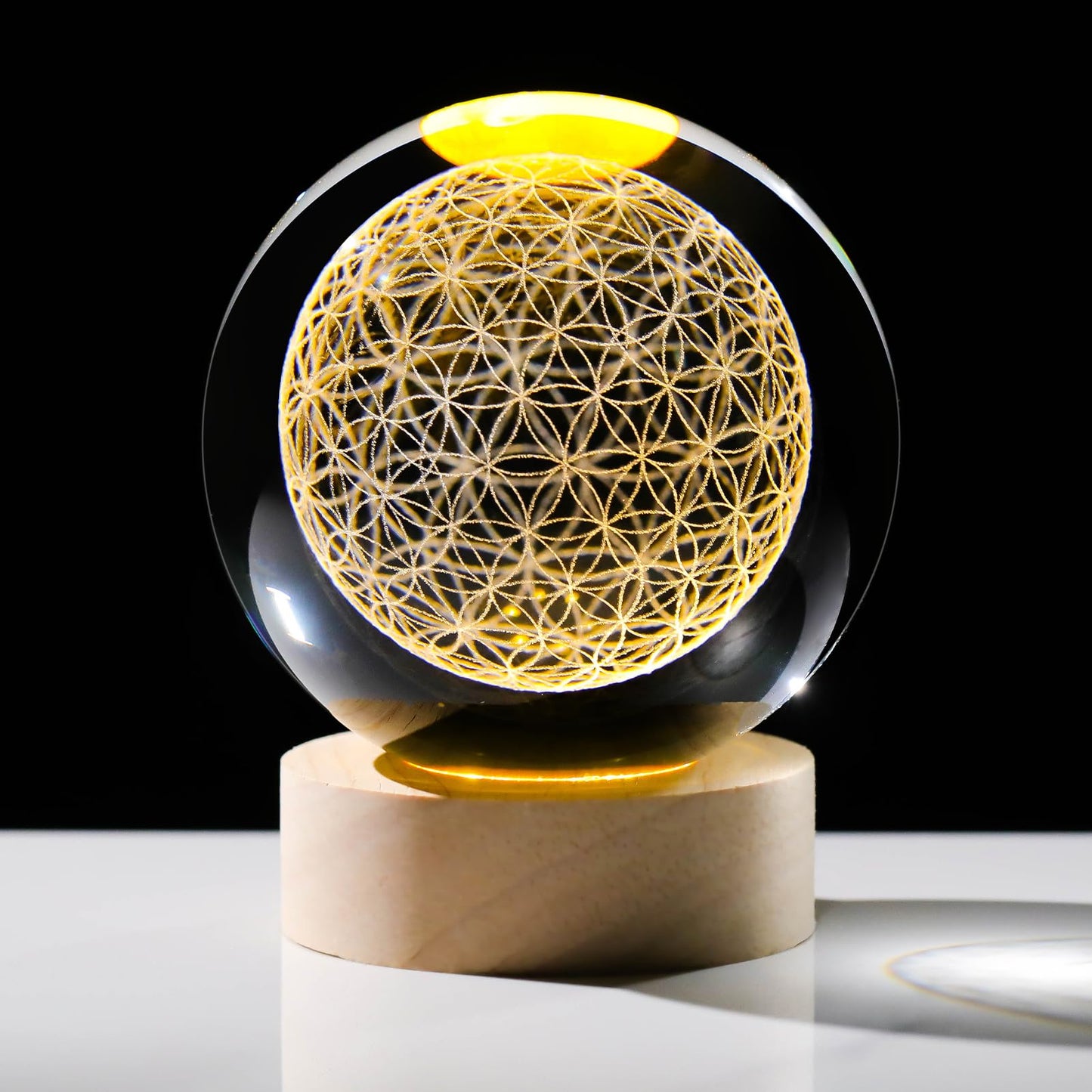 Arikyrist 3D Engraved Flower of Life Crystal Ball, Laser Engraved Grid Flower of Life Sphere Home Decoration, Crystal Engraved Sacred Geometry Glass Sphere Paperweight Ornaments Gifts for Men Women