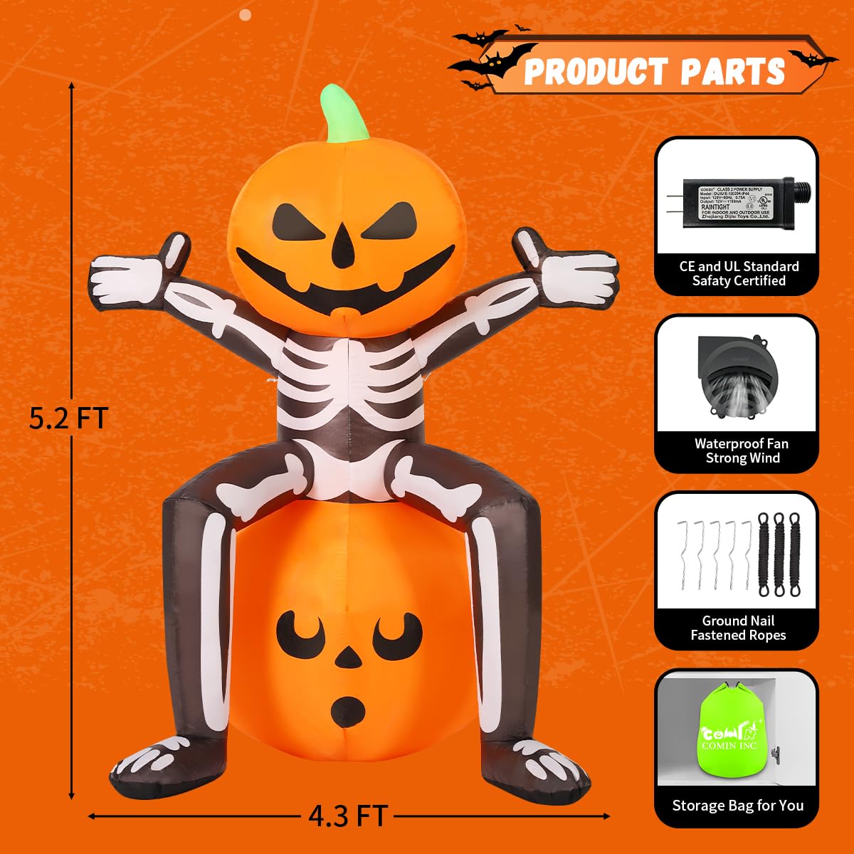 COMIN Halloween Inflatables 5FT Skull Skeleton Pumpkin Head with Built-in LEDs Blow Up Yard Decoration for Holiday Party Indoor, Outdoor, Yard, Garden, Lawn