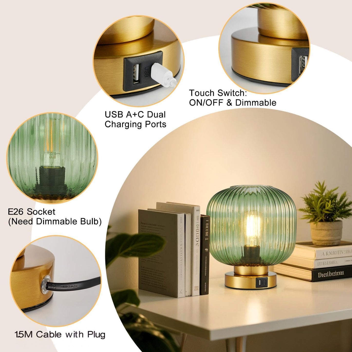 Touch Table Lamp with USB C+A Charging Ports, 3-Way Dimmable Bedside Lamp for Bedroom, Green Glass Shade & Brass Base, Plug-in E26 Desk Lamp for Nightstand Living Room Home Office Home Décor