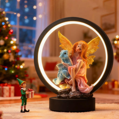 Hmusnwol Fairy Dragon Figurine Lamp - Fairy Collection Pixie Statue with 6.15 inch LED Circle Table Lamp for Gifts,Fantasy/Bedroom/Bookshelf/Desk Decoration
